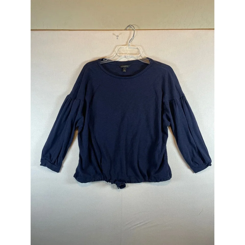 Banana Republic Navy Blue Puff Sleeve Drawstring Hem Knit Top‎ Small Long Sleeve